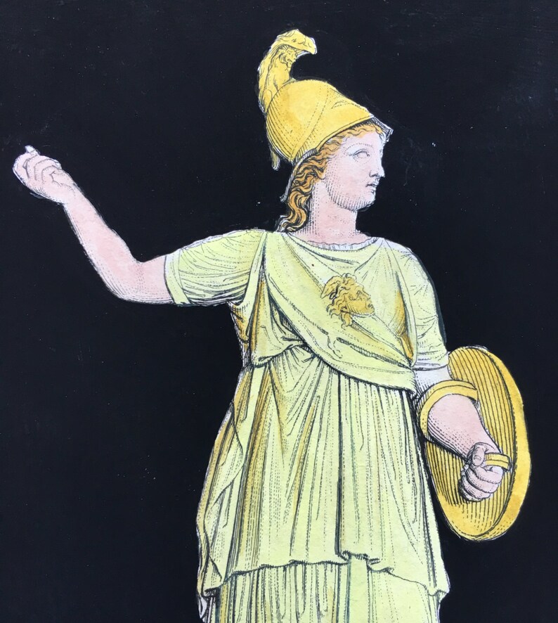 May include: A hand-drawn illustration of a woman wearing a yellow helmet and a yellow tunic with a lion's head design. She is holding a shield in her right hand.