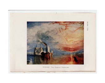 winzig! c. 1907 BERÜHMTE GEMÄLDE • TURNER Lithographie • Antiker Originaldruck • Darstellung eines berühmten Kunstwerks • Kampf gegen Téméraire