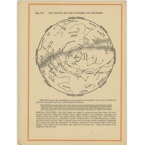 STAR MAP c. 1926 • Cielo nocturno en Noviembre y Diciembre • impresión original de astronomía vintage • mapa de constelación • mapa celeste • Mapas mensuales