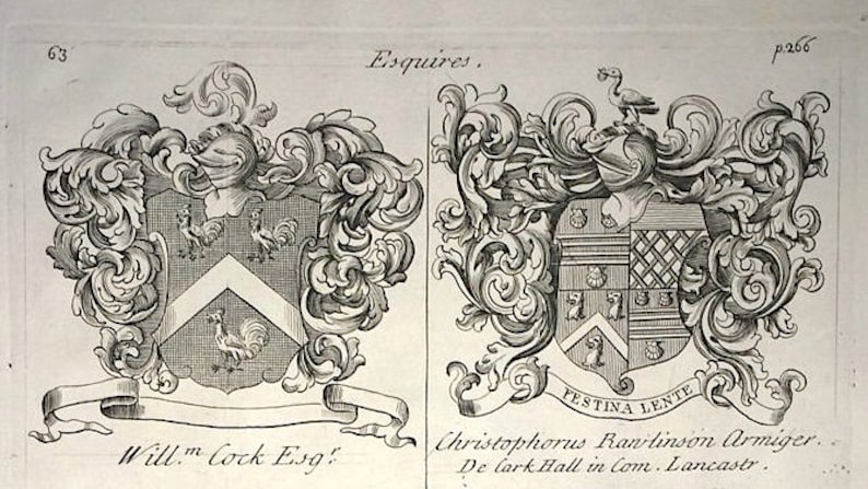 c 1679 DISPLAY OF HERALDRY \u2022 original antique print \u2022 Coat of Arms print \u2022 family crest print \u2022 Heraldic Achievements of Esquires \u2022