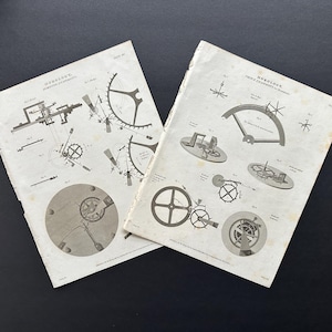 May include: Two vintage horology diagrams, showing detailed illustrations of clock mechanisms. Printed in black ink on aged, off-white paper. The illustrations include gears, springs, and other components, with labels and annotations.