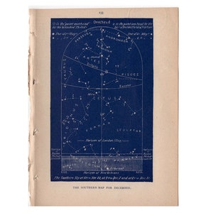 c. 1891 ESTRELLAS DE DICIEMBRE LITOGRAFÍA CELESTE • GRABADO ANTIGUO ORIGINAL • ASTRONOMÍA CARTA CELESTE LITOGRAFÍA - Mapa del sur para diciembre