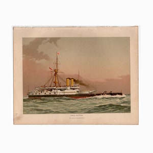 H. 1889 HMS VICTORIA SCHLACHTSCHIFF Lithographie • original alter Druck • Her Majesty&#39;s Navy • Marine • nautisch • maritim • Schiffsdruck