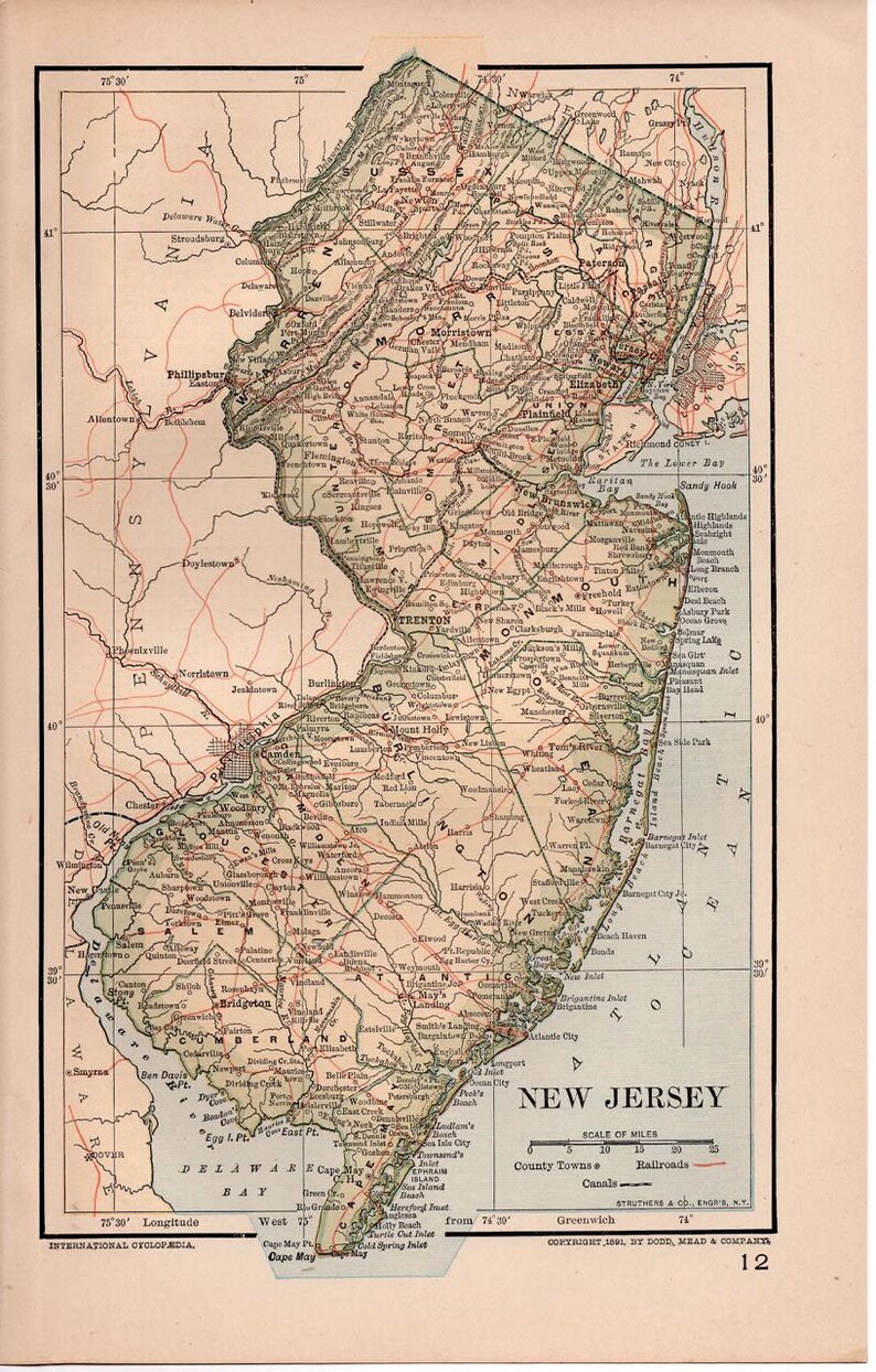 NEW JERSEY MAP C. 1893 - Antique Lithograph - Maps of the United States ...