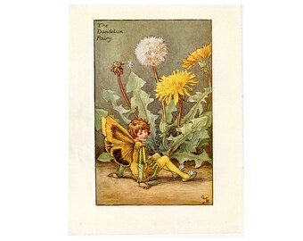 c. 1935 DANDELION FLOWER FAIRY lithograph • original vintage print • botanical print • flower garden print • yellow flower fariies