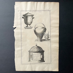 c. 1722 SEPULCHRAL URNS engraving • original antique print • funerary urns • burial vessel • cinerary urn • cremated remains • funeral