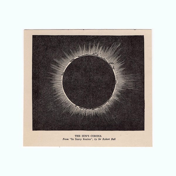 SOLFÖRMÖRKELSE antikt tryck ca 1925 • original vintage litografi • astronomitryck • himmelskt • total solförmörkelse • Soltrycket