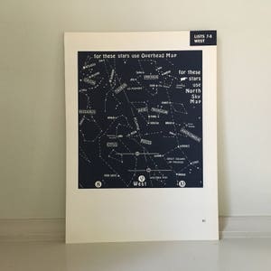 c. 1972 STAR MAP lithographie - estampe originale vintage - estampe céleste • gravure astronomique - carte des constellations • carte des étoiles - ciel nocturne - #91