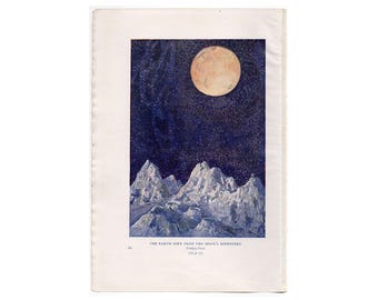 EARTH & MOON antique print c. 1925 • antique lithograph  • astronomy print • celestial print • Apennines • lunar landscape • moon mountains