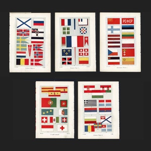 c. 1926 EUROPEAN FLAGS lithographs • set of 5 original antique prints • flags of the World • vexillology prints • National flags •