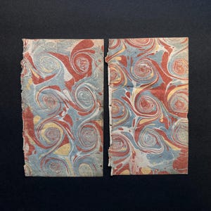 ANTIQUE MARBLED PAPER c. 18C • hand made marbled end papers - original antique decorative papers • pastel red blue • 2 sheets 3.75 x 6.5&quot;