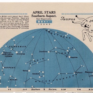 1920 TAURUS sterrenkaart originele vintage hemelse astronomie lithografie - APRIL sterren zuidelijk aspect & MEI sterren noordelijk aspect