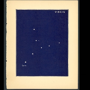 ¡diminuto! c. 1900 VIRGO LA VIRGEN litografía • grabado antiguo original • grabado astronómico • mapa estelar • estampado celeste azul • estampado constelación