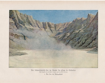 VOLCANO CRATER lithograph c. 1900 • original antique print • lava print • erupting volcano • volcanic ash no.1