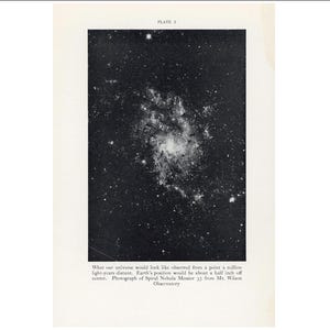 H. 1934 UNSER UNIVERSUM Lithographie - Beobachtet aus einer Entfernung von einer Million Lichtjahren - Vintage Astronomie Druck - Spiralnebel Druck - Sterndruck