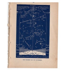 c. 1891 ESTRELLAS DE SEPTIEMBRE LITOGRAFÍA CELESTE • GRABADO ANTIGUO ORIGINAL • ASTRONOMÍA CARTA CELESTE LITOGRAFÍA - Mapa occidental de septiembre