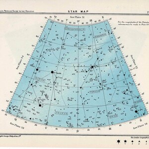 Mapa estelar de c. 1955, arco de 53 o 54 constelaciones, impresión celestial vintage original