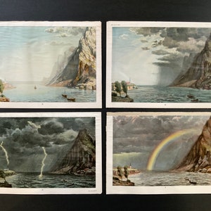 c. 1900 STORMY WEATHER PROGRESSION lithographs - set of 4 original antique prints - weather prints - lightning & rainbow