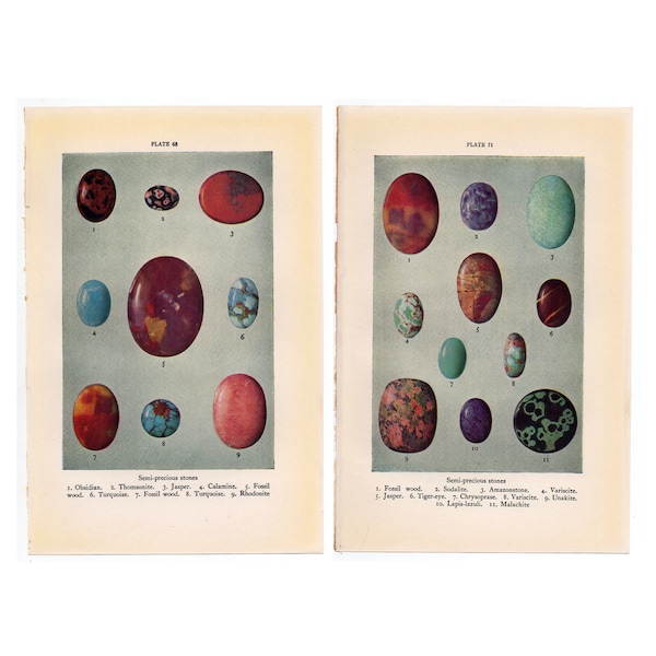 c. 1934 SEMI PRECIOUS STONES lithographs • set of 2 original vintage prints • gems gemstones • precious stones •