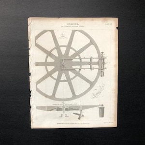 May include: A black and white illustration of a gear system, labeled "Engine No. 1, Plan of the Great Wheel". The illustration is from a book titled "Engines, Mr. Bramah's Patent Engine".