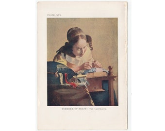 winzig! c. 1907 BERÜHMTE GEMÄLDE • VERMEER Lithographie • Original Antiker Druck • Darstellung eines berühmten Kunstwerks • Die Klöpplerin