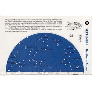 1961 年頃の VIRGO 星図リトグラフ • オリジナル ビンテージ プリント • 天体天文学リトグラフ - 8 月と 9 月