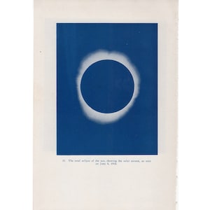 c. 1944 VINTAGE ECLIPSE PRINT - vintage astronomy print - total solar eclipse print - sun print - solar corona print- blue lithograph