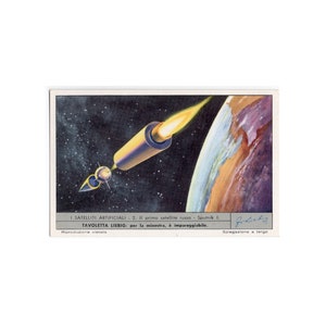 c. 1960er und 1970er Jahre SATELLITEN-Lithographie – Mini-Vintage-Werbekarte – Raumschiff – Raumschiff – Raketenschiff – Weltraum • Astronomie