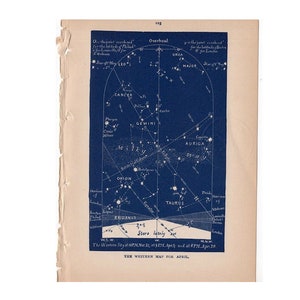 c. 1891 ESTRELLAS DE ABRIL LITOGRAFÍA CELESTE • GRABADO ANTIGUO ORIGINAL • ASTRONOMÍA CARTA CELESTE LITOGRAFÍA - Mapa occidental de junio
