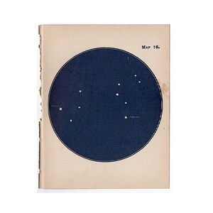 May include: A vintage-style rectangular print featuring a dark blue circular star chart on a cream-colored background. The text "Map 16." appears in the upper right corner, with the star names "Denebola" and "Regulus" labeled near specific stars.