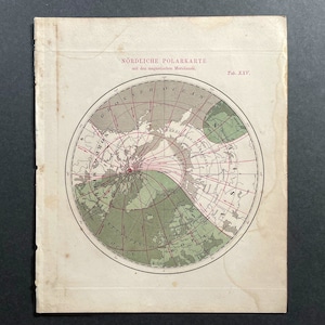 H. 1865 NORDPOL Karte • alte Originalzeichnung • Astronomie • Polarstern • Nördliche Hemisphäre • Jahreskalender 2018