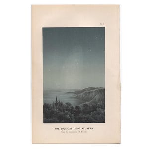 May include: A black and white illustration of the zodiacal light, a faint, pyramid-shaped glow in the night sky, seen from Japan. The image is from a book titled "The Zodiacal Light at Japan".