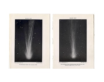 May include: Two vintage astronomical prints featuring black and white photographs of the Morehouse Comet. The left print is labeled PLATE XXV, and the right print is labeled PLATE XXIV, both credited to Dr. Max Wolf, depicting the comet's tail.