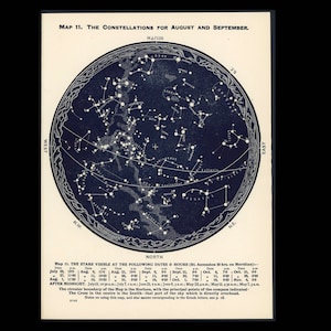 c. 1942 AGOSTO SEPTIEMBRE Y OCTUBRE litografía • impresión vintage original • impresión celeste • impresión astronómica • constelaciones del sur