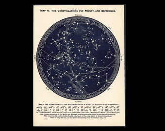 c. 1942 AUGUST SEPTEMBER & OCTOBER lithograph • original vintage print • celestial print • astronomy print • Southern Constellations