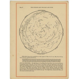 STAR MAP c. 1926 • Cielo nocturno en mayo y junio • impresión original de astronomía vintage • mapa de constelación • mapa celeste • Mapas mensuales