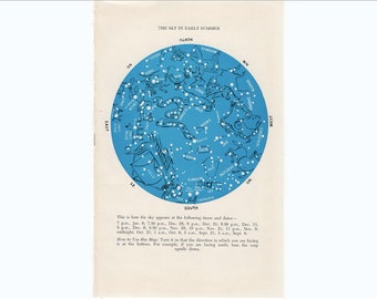 wydruk vintage - wydruk SKY IN SUMMER - ok. 1961 - wydruk vintage astronomiczny - niebieska mapa gwiazd - stara mapa gwiazd - wydruk niebieski - konstelacje