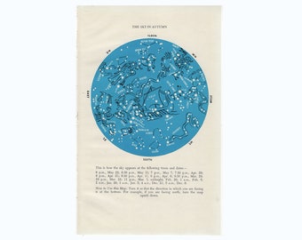 wydruk vintage - wydruk NIEBO JESIENIĄ - ok. 1961 r. - wydruk astronomiczny vintage - niebieska mapa gwiazd - stara mapa gwiazd - wydruk niebiański - konstelacje