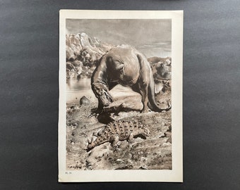 c. 1960 PREHISTORIC ANIMALS lithograph • original vintage print • extinct animals • dinosaur scene • Paleo Art • Gorgosaurus & Scolosaurus