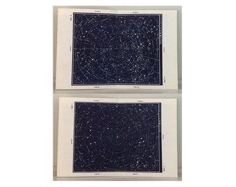 STAR MAPS c. 1949 • North Pole & South Pole • original vintage prints • astronomy prints • constellation prints • blue celestials • set of 2