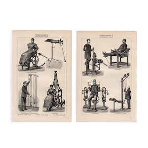 c. 1894 EXERCISE lithographs • set of 2 original antique prints • workout machines • physical education • gym print • exercise equipment