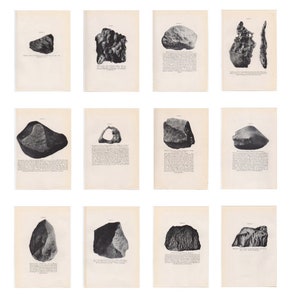 May include: A collection of 12 black and white images of different rocks and stones. Each image is on a separate page of a book with text describing the rock.