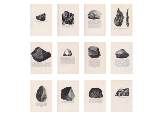 c. 1934 IRON METEORITE STONE lithographs • original vintage lithographs - meteoric iron - shooting star & falling star debris • set of 12