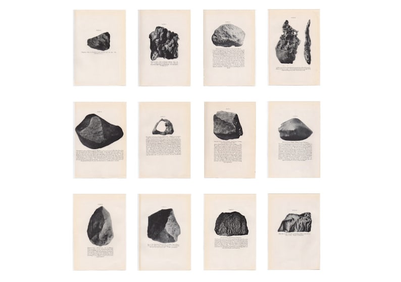 May include: A collection of 12 black and white images of different rocks and stones. Each image is on a separate page of a book with text describing the rock.