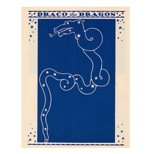 C. 1935 Litografía de la constelación de DRAGO THE DRAGON • grabado vintage original • grabado astronómico azul - estrellas clave del cielo - estampado celestial