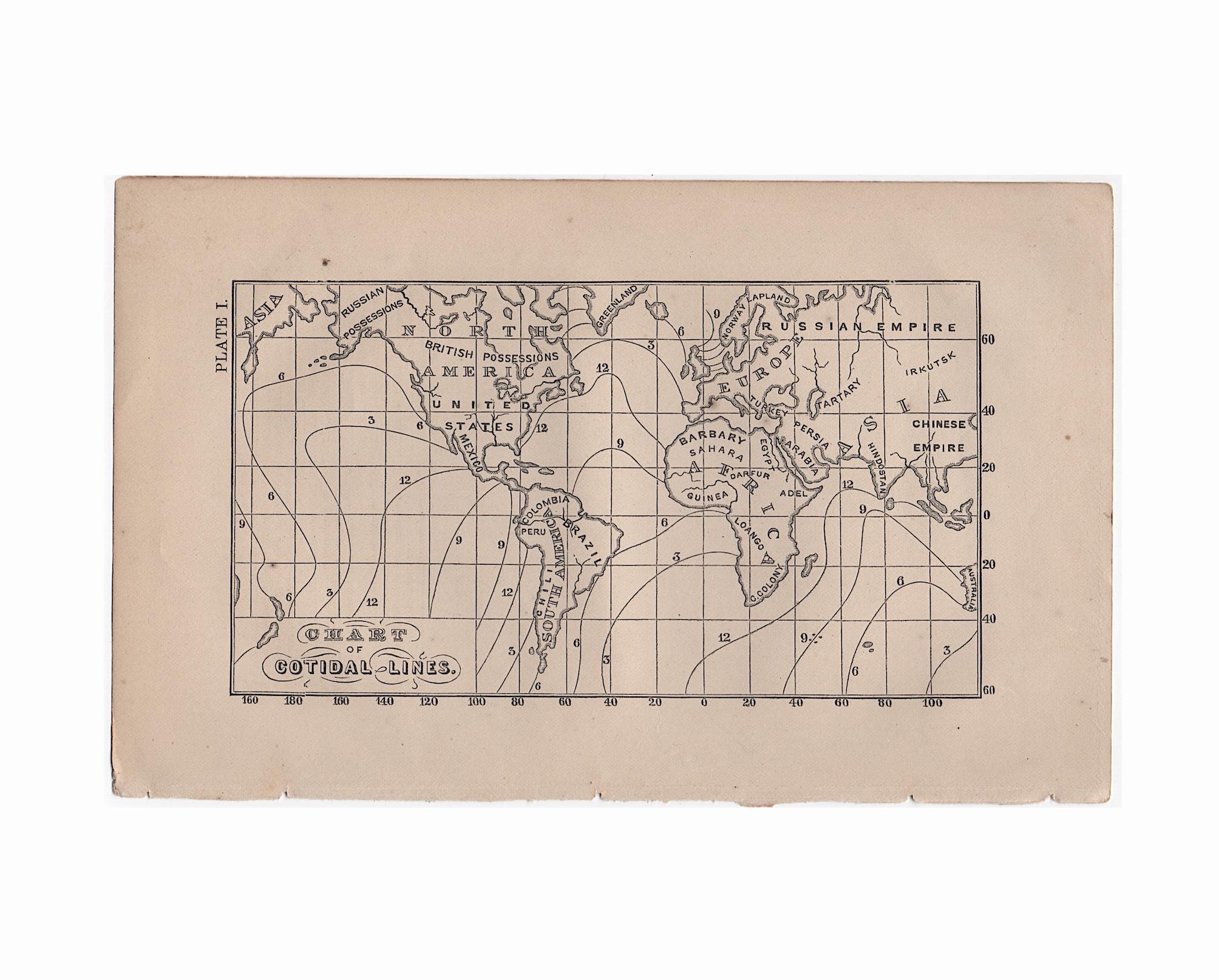 TIDE(イデタツヒロ) OWNERS C. 1867 TIDE CHART Engraving • Original Antique Print • World