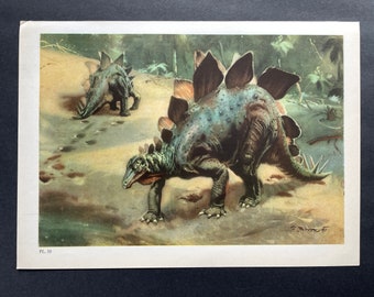 c. 1960 PREHISTORIC LANDSCAPE lithograph • original vintage print • extinct animals • dinosaur scene • Paleo Art • STEGOSAURUS