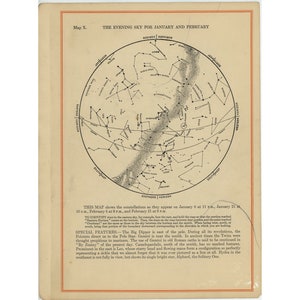 STAR MAP c. 1926 • Cielo nocturno en enero y febrero • impresión original de astronomía vintage • mapa de constelación • mapa celeste • Mapas mensuales