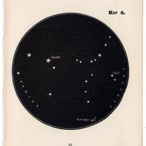 c. Étoiles d'AURIGA et de PERSEUS de 1903 • mini constellations • gravure ancienne originale/estampe d'astronomie céleste en noir • l'aurige