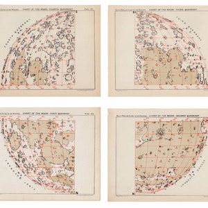 H. 1910 MOON CHART Lithographien • 4 original antike Drucke • Quadranten des Mondes - Astronomie Prints - Mondlandschaft - Mondkarten